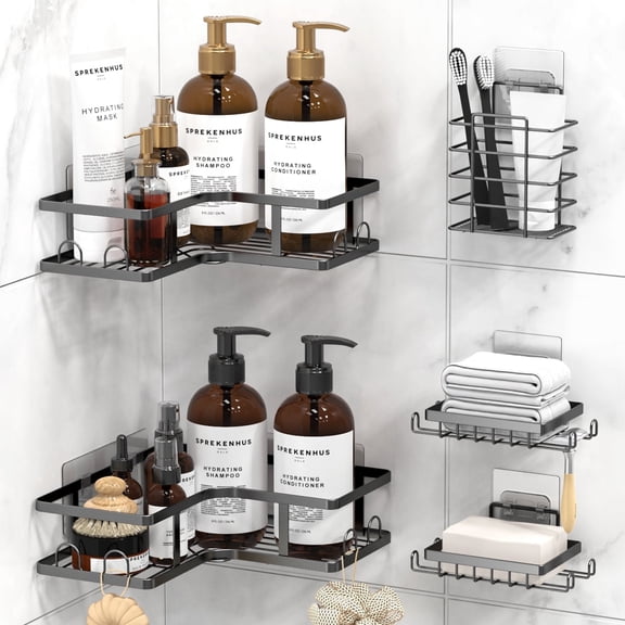 GPED 5-Pack Shower Caddy Corner, L-Shape Adhesive Shower Organizer, Rustproof Stainless Steel Shower Shelves w/ 16 Hooks, Toothpaste Holder&Soap Holder, No Drilling Bathroom Organizers Storage Racks