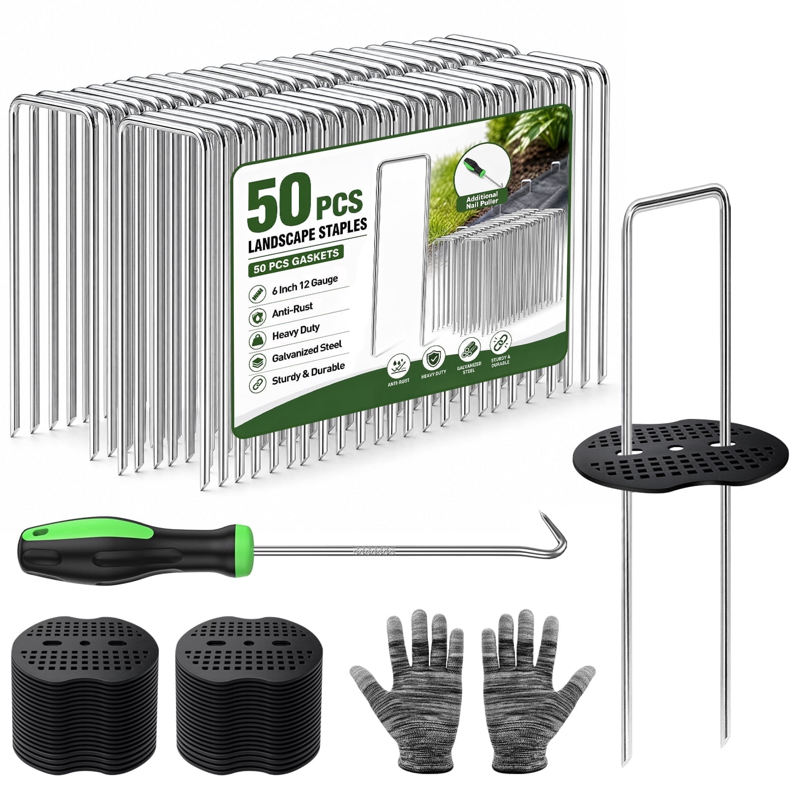 GPED 50 Pack 6 Inch Landscape Staples & 50Pcs Gasket, U-Shaped Ground ...