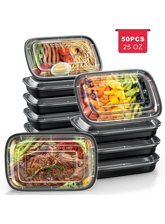 GPED 50 Pack Meal Prep Containers, 25oz Plastic Food Storage Containers With Lids To Go Containers, Bento Box Reusable BPA Free Lunch Boxes, Disposable Stackable, Microwave/Dishwasher/Freezer Safe