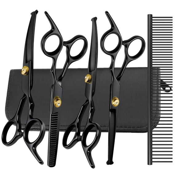 GPED 6 in 1 Dog Grooming Scissors Kit, Professional 4CR Stainless Steel & Heavy-duty Dog Scissors for Grooming w/ Safety Round Tips, Sharp & Study Pet Grooming Shears Kit for Dogs Cats Pets(Black)