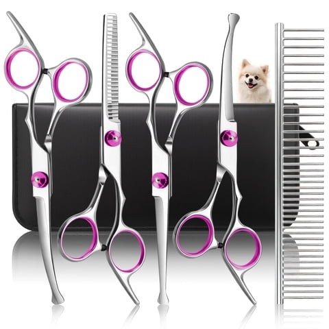 GPED 6 in 1 Dog Grooming Scissors Kit, Professional 4CR Stainless Steel & Heavy-duty Dog Scissors for Grooming w/ Safety Round Tips, Sharp & Study Pet Grooming Shears Kit for Dogs Cats Pets(Pink)