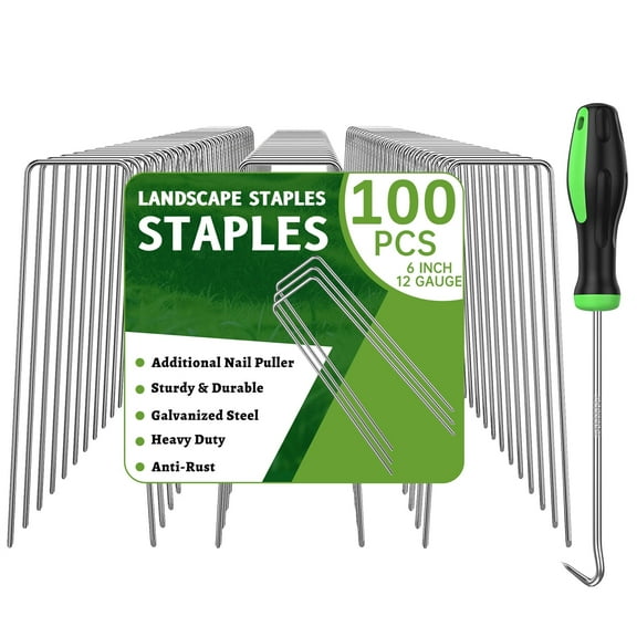 GPED 6 Inch 100 Pack Landscape Staples, Hot-dip Galvanized Garden Stakes with Pick Hook, U-Shaped Ground Stakes for Landscaping Securing Weed Barrier Fabric, Heavy-Duty Yard & Tent Stakes for Tubing