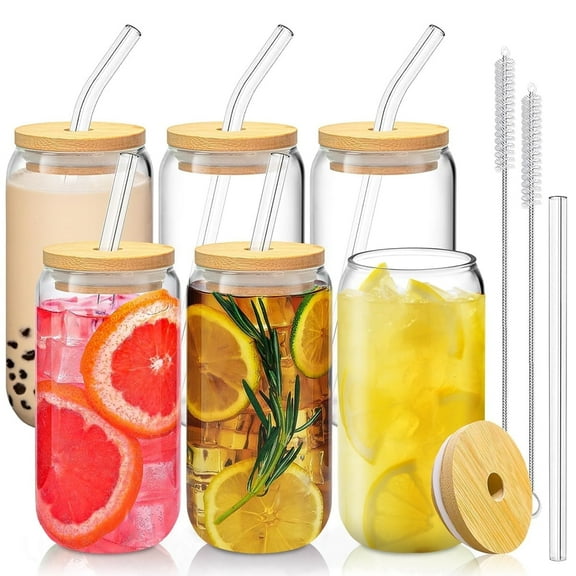 GPED 6 PCS Glass Cups with Bamboo Lids and Glass Straw Set, 16 OZ Can Shaped Glass Cups for Beer, Ice Coffee, Cute Tumbler Cup Great for Soda Boba Tea Cocktail Include 2 Cleaning Brushes
