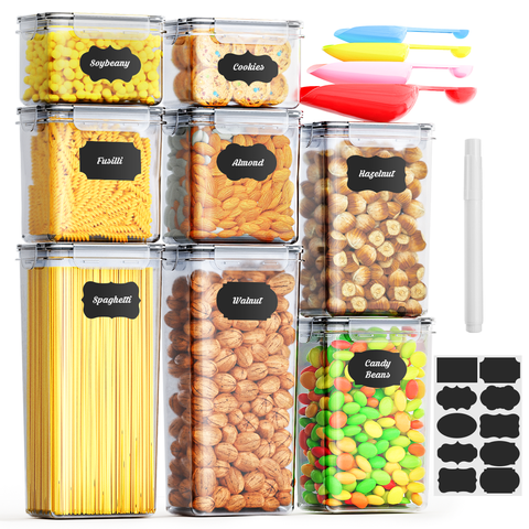 GPED 8PCS Airtight Food Storage Containers Set with Lids, BPA Free Kitchen and Pantry Organization, Plastic Leak-Proof Canisters for Cereal Flour & Sugar - Spoon Set, Labels & Marker