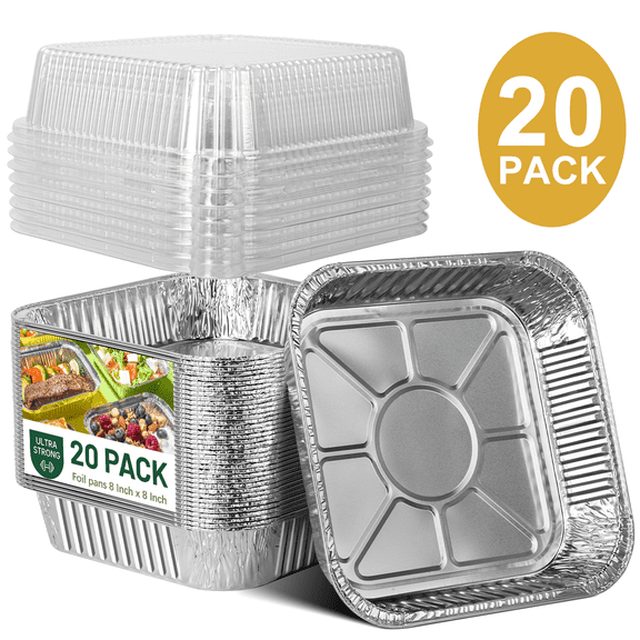 GPED 8x8 Square Aluminum Pans with Clear Plastic Lids [20 Pack], Foil Pans, Disposable Food Containers Great for Cooking, Cake, Broiling, Prepping & Takeout - Durable Recyclable Food Containers