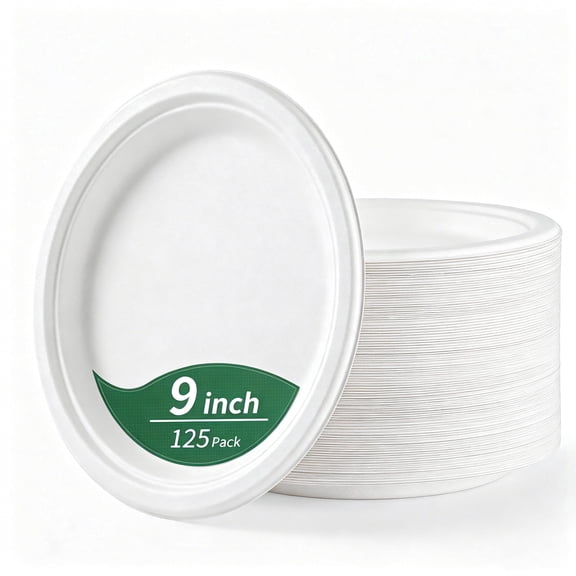 GPED 9 Inch Compostable Paper Plates, 125-Pack Heavy Duty Disposable Plates, Eco-Friendly Biodegradable Sugarcane Bagasse, Perfect Dinner Paper Plate For Party, White