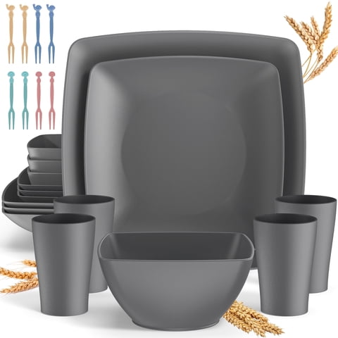 GPED 24 Pcs Wheat Straw Square Dinnerware Sets For 4, Unbreakable Dish Sets, Reusable Plates and Bowls Sets, Dinner Plates, Travel Camping Cutlery Set, Dishwasher Microwave Safe, Gray