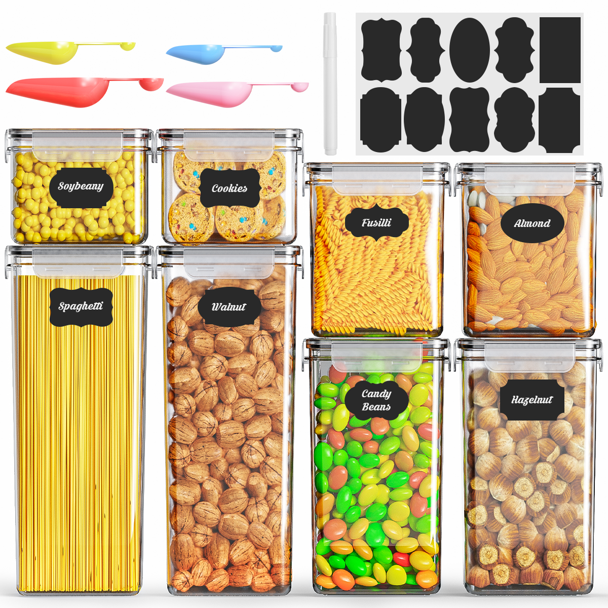GPED Airtight Food Storage Containers with Lids, 8 PCS Plastic Kitchen and Pantry Organization Canisters for Cereal, Dry Food, Flour and Sugar, BPA Free, Free Spoon Set, Labels & Marker - image 1 of 7