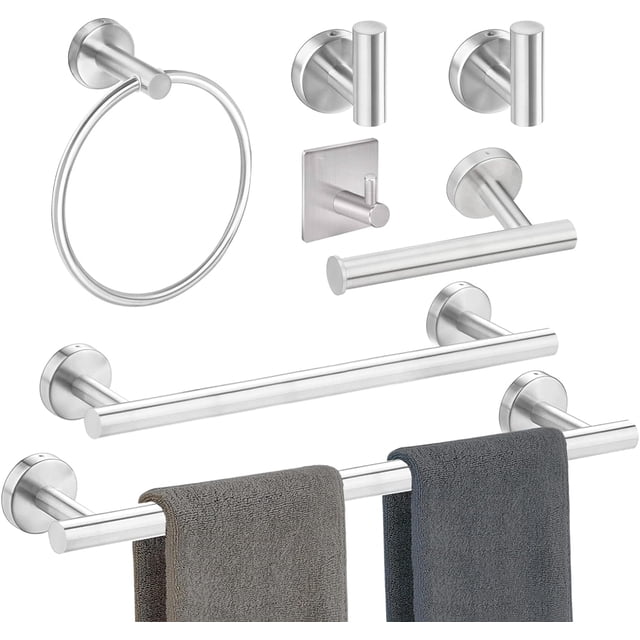 GPED Bathroom Durable Wall Mount Hand Towel Bars with Swivel Towel Ring & Robe Hooks, Silver, 7 Count