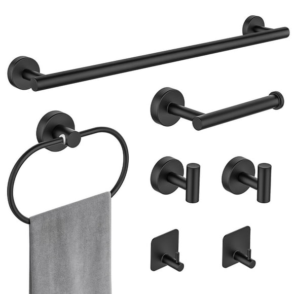 GPED Bathroom Hardware Set, 7 Pieces Bathroom Accessories Set Includes 24" Towel Bar, Toilet Paper Holder, Towel Ring, Robe Hook, Matte Black & Stainless Steel, Wall Mounted Bathroom Towel Rack Set