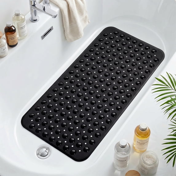 GPED Bathtub Mats for Shower Tub, Non Slip 27.6 x 15 Inch Bath Mat with Drain Holes and Suction Cups, Machine Washable BathMat for Bathtub Floor Liner Mats with Suction Cups and Drain Holes, Black