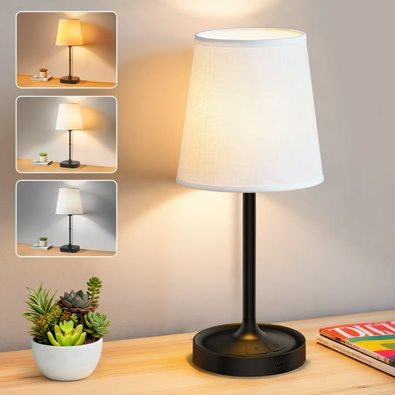 GPED Bedside Table Lamp for Bedroom, 3 Color Temperatures Cordless Bedside Lamp, 5 Way Dimmable Table Lamp, USB Rechargeable Desk lamp with Fabric Shade for Living Room