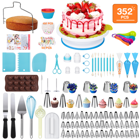 GPED Cake Decorating Kit, 352 Pcs Cake Baking Supplies W/ 48 Round Piping Tips,6 Korean Tips 4 Russian Tips, Baking Set W/ 3 Leveler Non-slip Turntable & 100 Icing Bags,Baking Supplies Tools Beginner