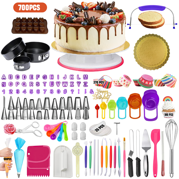 GPED Cake Decorating Kit, 700 Pcs Cake Baking Supplies 3 Non-Stick Springform Pans Set and 24 Piping Tips, Baking Set W/ 3 Leveler Non-slip Turntable & 100 Icing Bags,Baking Supplies Tools Beginner