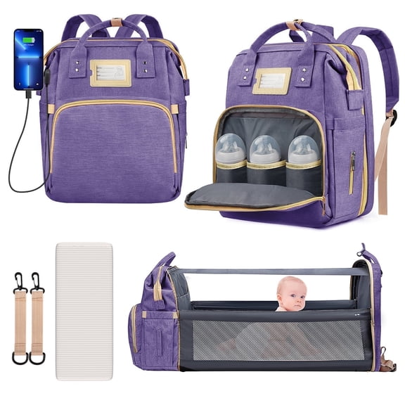 GPED Diaper Bag Backpack, Multifunctional Baby Changing Bag with Foldable Crib & Insulated Milk Bottle Pocket, Large Capacity Travel Backpack W/ USB Charging Port & Stroller Strap (Purple)