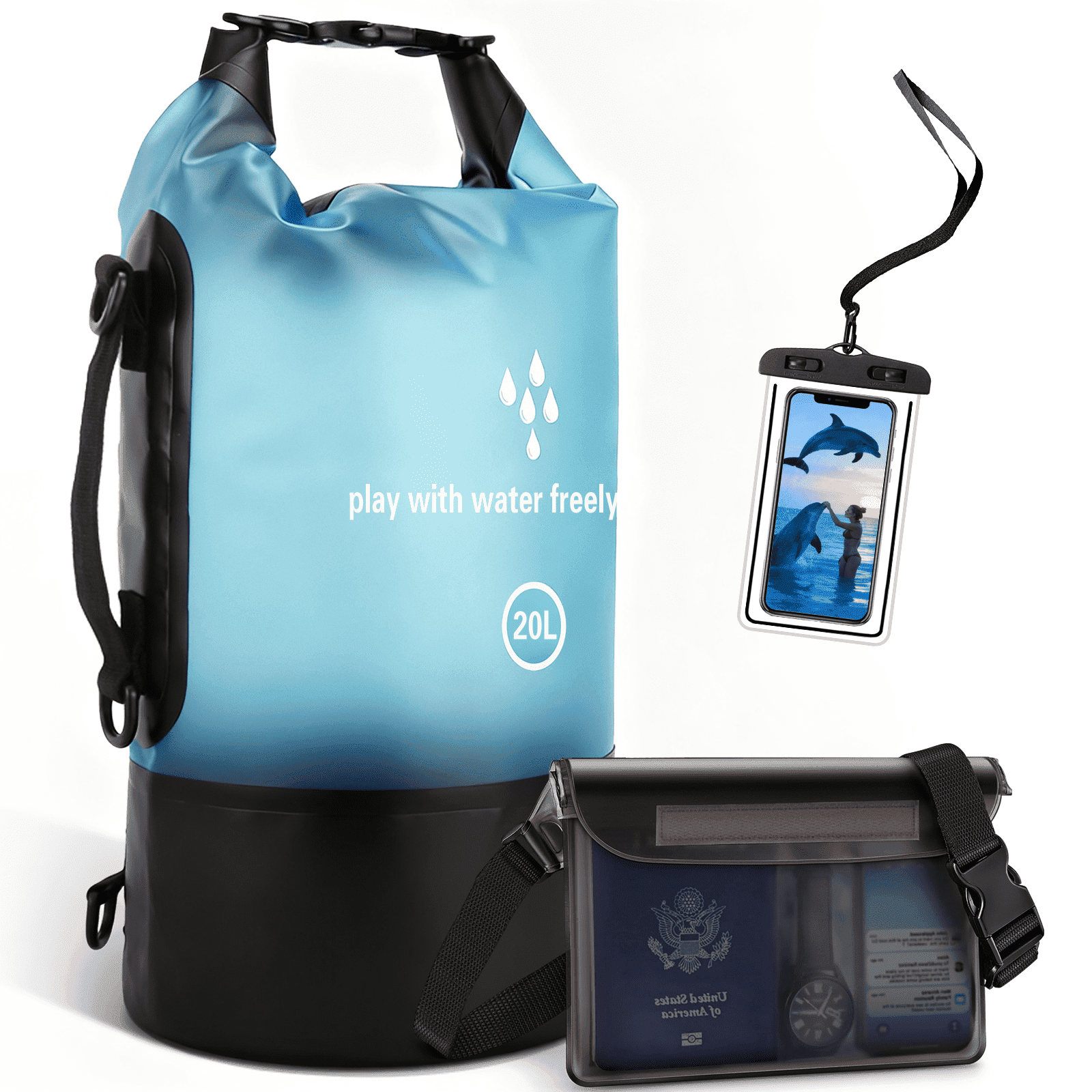 GPED Dry Bags Waterproof, 20L Roll Top Dry Bag for Kayak, Double Straps Dry Storage Bag Backpack Sack with Waterproof Fanny Pack for Swimming Boating Kayaking Board Beach Accessories