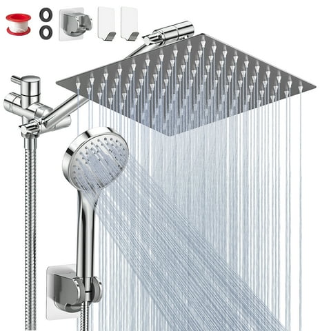 GPED Dual Shower Head Combo, 10” High Pressure Rainfall with 11” Extension Arm(Adjustable Height/Angle), Handheld Shower Head w/ 5 Settings&Holder, Anti-Clog Nozzles&Anti-leak 60" Hose, Chrome