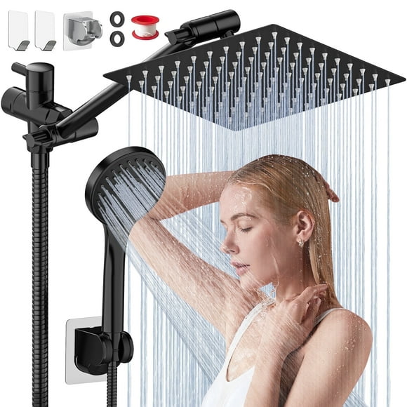 GPED Dual Shower Head Combo, 8‘’ High Pressure Rainfall with 11” Extension Arm(Adjustable Height/Angle), Handheld Shower Head w/ 5 Settings&Holder, Anti-Clog Nozzles&Anti-leak 60" Hose,Matte Black