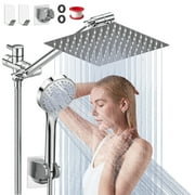 GPED Dual Shower Head Combo, 8‘’ High Pressure Rainfall with 11” Extension Arm(Adjustable Height/Angle), Handheld Shower Head w/ 5 Settings&Holder, Anti-Clog Nozzles&Anti-leak 60" Hose, Chrome