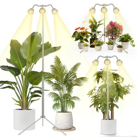 GPED Grow Lights for Indoor Plants, Full Spectrum 3-Heads Plant Growing Lamps with 15-62 Inches Height Adjustable Stand, Aluminum Alloy Plant Light with Detachable Tripod Stand, Auto On/Off Timer