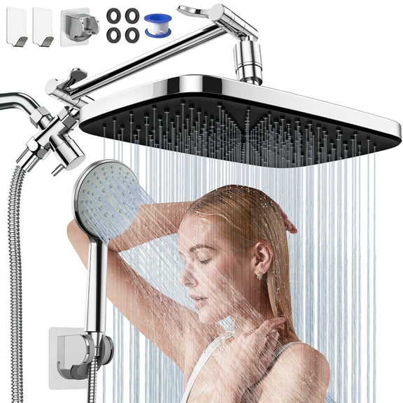 GPED High Pressure 12 Rain Shower Head Combo, Wide Rainfall Showerhead with Adjustable Extension Arm, Handheld Showerhead with 5 Water Spray, Dual Showerhead with Anti-Clog Nozzles, Silver Chrome
