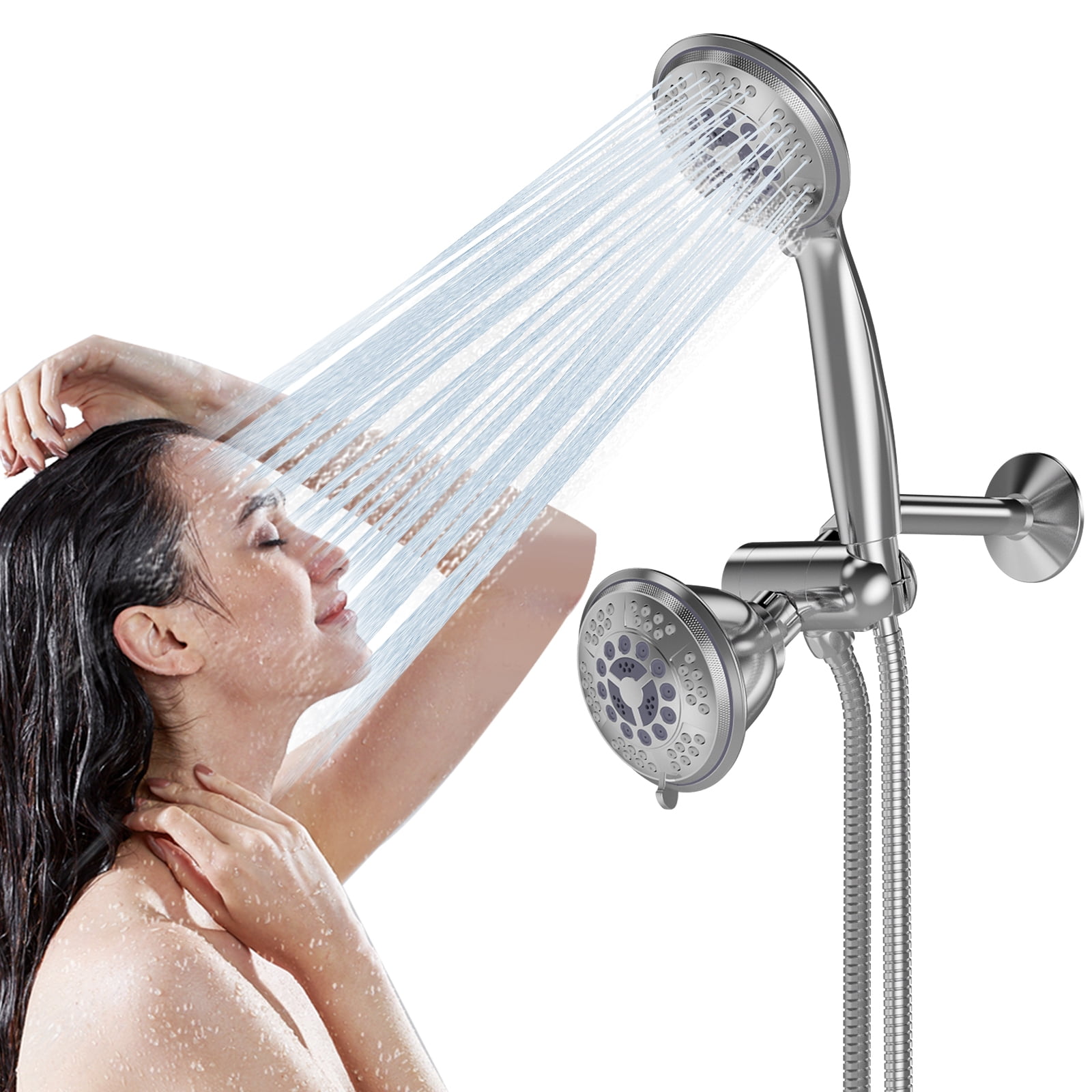 GPED High Pressure Dual Shower Head Combo, Premium 3 in 1 Handheld Shower Head Combo with 35 Settings & 60" Stainless Steel Hose, 3-Way Rainfall Showerhead with Durable Nozzles & Anti-Clog, Chrome