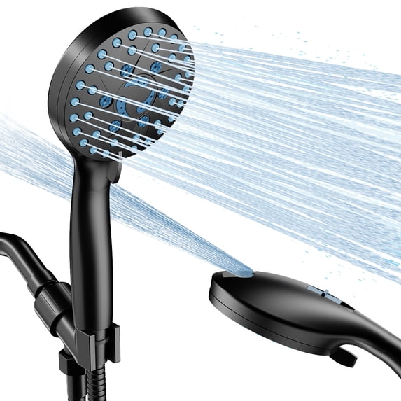 GPED High Pressure Shower Head, 7-Mode Handheld Shower Head, Anti-Clog Nozzles, Built-in Pause Mode & 2 Power Wash, High Flow Shower Head with Wall/Overhead Brackets &59" Stainless Steel Hose, Black
