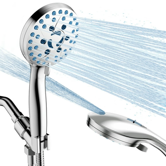 GPED High Pressure Shower Head, 7-Mode Handheld Shower Head, Anti-Clog Nozzles, Built-in Pause Mode & 2 Power Wash, High Flow Shower Head with Wall/Overhead Brackets &59" Stainless Steel Hose, Silver