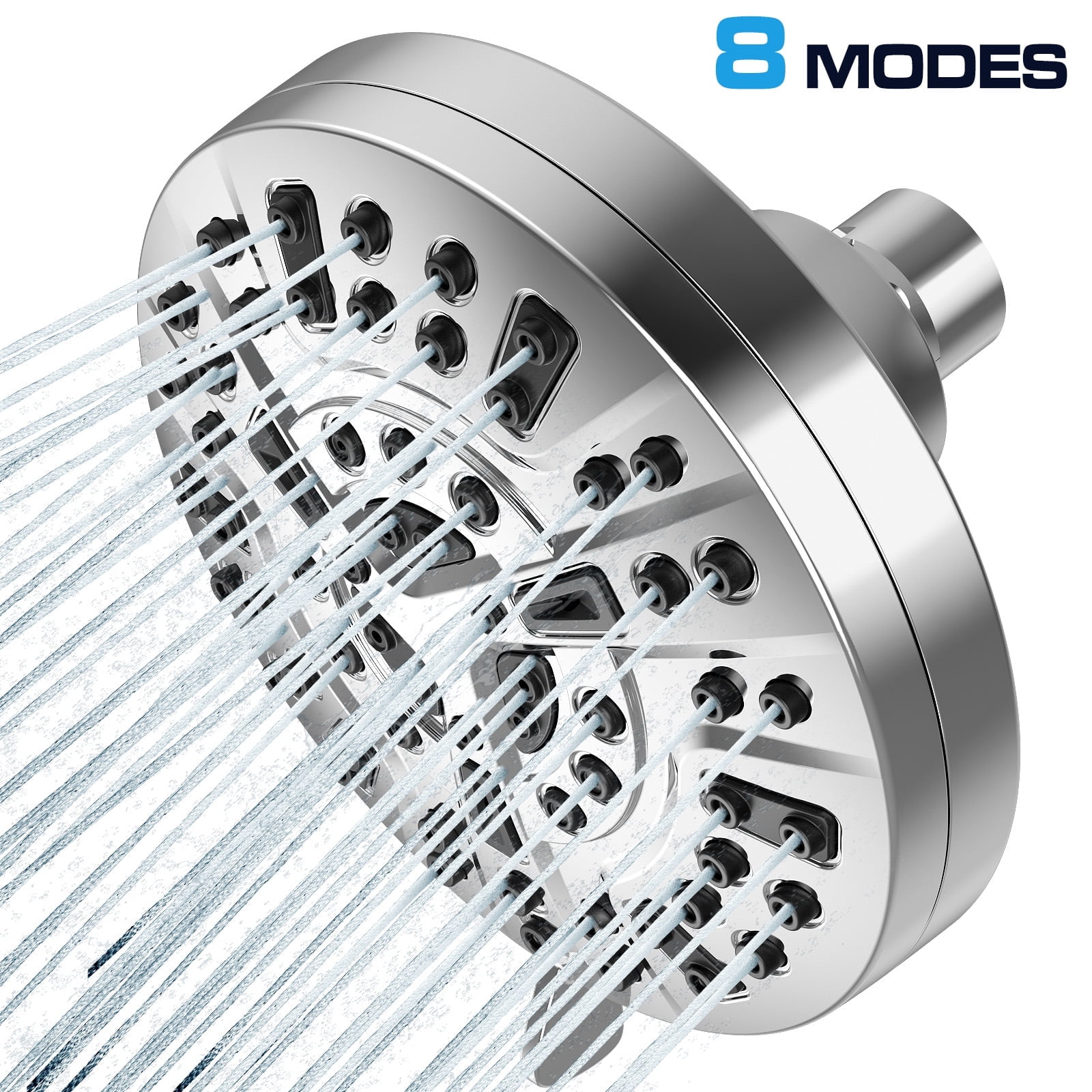 GPED High Pressure Shower Head, 8-Mode High Flow Fixed Showerhead with Adjustable Metal Swivel Ball Joint, Anti-Clogging Silicone Nozzles & Luxury Polished Chrome (5.2inch Round & 2.5 GPM)