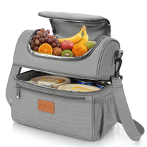 GPED Insulated Lunch Bag, 17L Expandable Double Deck Lunch Box for Women/Men, Leakproof Lunch Cooler Tote Bag with Side Pockets & Adjustable Shoulder Strap,Suit for Work,Camping,Picnic(Gray)