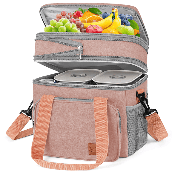 GPED Insulated Lunch Bag, 17L Expandable Double Deck Lunch Tote Bag for Women/Men, Leakproof Freezable Cooler Box W/ Side Tissue Pocket&Adjustable Shoulder Strap, Suit for Camping,Picnic, Pink