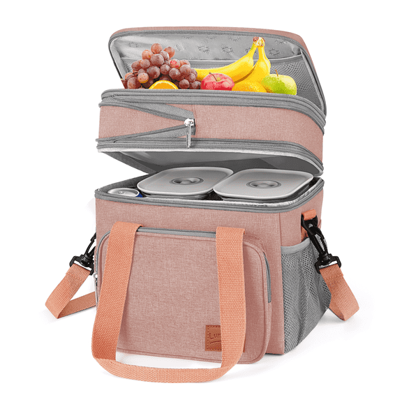 GPED Insulated Lunch Bag for Women/Men, 17L Expandable Double Deck Lunch Cooler Box, Lightweight Leakproof Lunch Tote Bag W/ Side Tissue Pocket&Adjustable Shoulder Strap, Suit for Picnic(Pink)