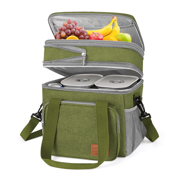 GPED Insulated Lunch Bag for Women/Men, 17L Expandable Double Deck Lunch Cooler Box, Lightweight Leakproof Lunch Tote Bag W/ Side Tissue Pocket&Adjustable Shoulder Strap, Suit for Picnic(Green)