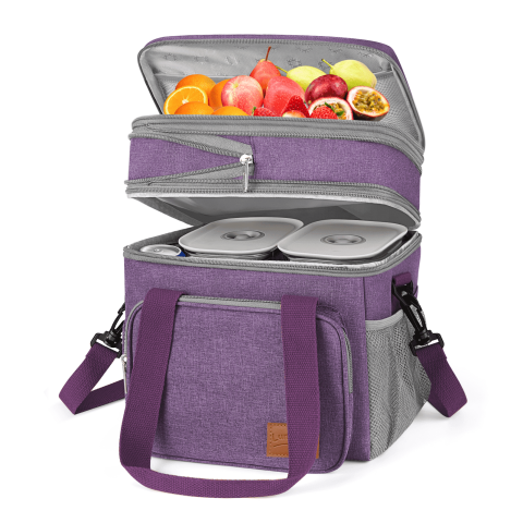 GPED Insulated Lunch Bag for Women/Men, 17L Expandable Double Deck Lunch Cooler Box, Lightweight Leakproof Lunch Tote Bag W/ Side Tissue Pocket&Adjustable Shoulder Strap,Suit for Picnic,Purple