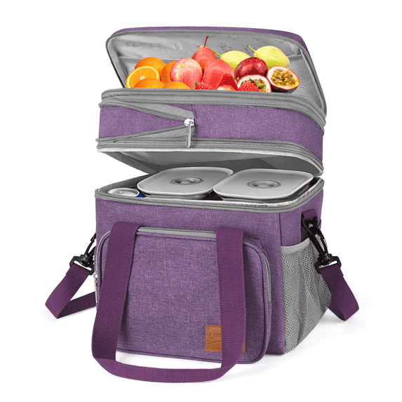 GPED Insulated Lunch Bag for Women/Men, 17L Expandable Double Deck Lunch Cooler Box, Lightweight Leakproof Lunch Tote Bag W/ Side Tissue Pocket&Adjustable Shoulder Strap,Suit for Picnic,Purple