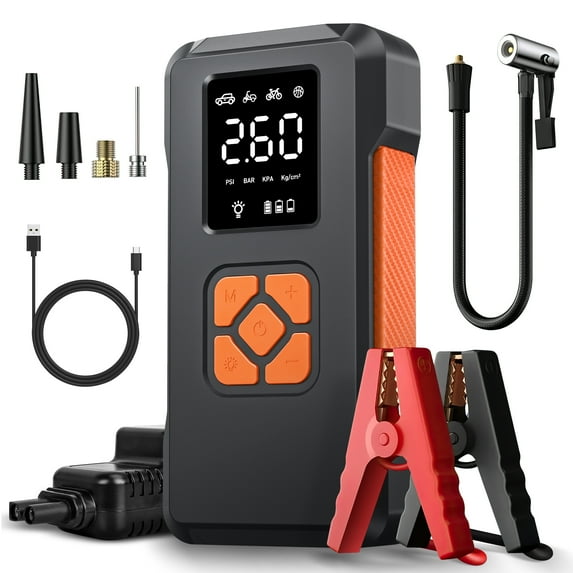 GPED Jump Starter with Air Compressor, 3500A Portable Car Battery Jump Starter with 150PSI Tire Inflator (All Gas/10L Diesel), 12V Jump Box Portable Jumper Cables with LCD Display & Flashlight