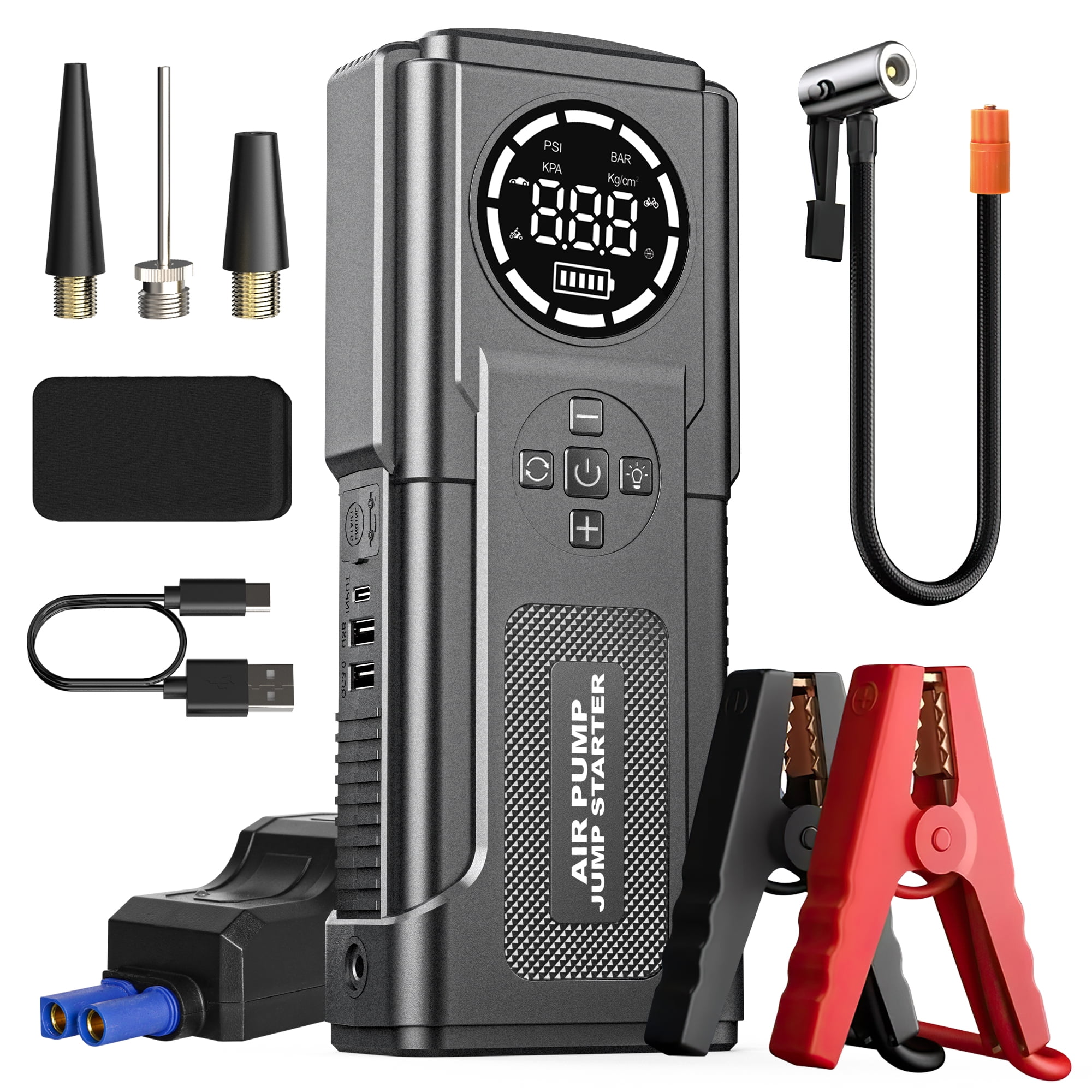 Walmart Saving of  GPED Jump Starter with Air Compressor, 4000A 150PSI Portable Car Battery Jump Starter (All Gas/10L Diesel), 12V Jump Box Car Battery Jumper Starter with LCD Display & Jumper Cables, Emergency Light