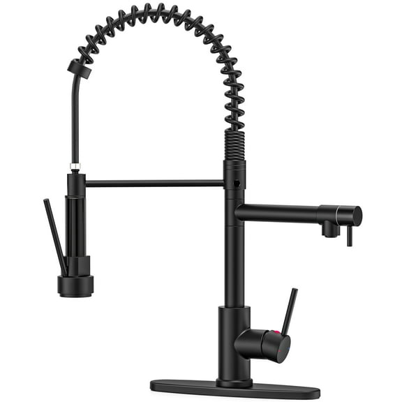 GPED Kitchen Faucet, Kitchen Sink Faucet with 2 Function Sprayer, SUS304 Stainless Steel & Double-Headed, Single Handle High Arc Kitchen Faucet with Pull Down Sprayer & Deck Plate, Matte Black