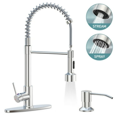 GPED Kitchen Faucet, Kitchen Sink Faucet with Soap Dispenser & Pull Down Sprayer, SUS304 Stainless Steel, Commercial Single Handle Kitchen Faucet with Deck Plate for Laundry Utility Rv,Brushed Nickel