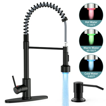 GPED Kitchen Faucet with Pull Down Sprayer, Single Handle Spring Kitchen Sink Faucet w/ 3-Modes LED Light, SUS304 Stainless Steel, High Arc Sink Faucet with Deck Plate & Water pipes for Rv, Laundry
