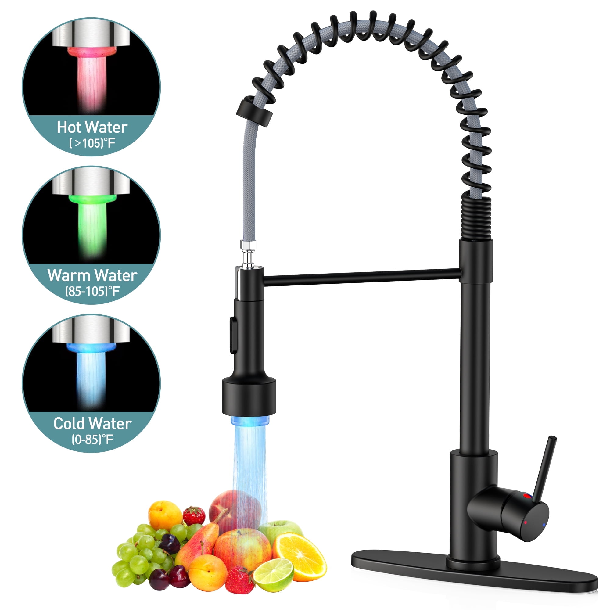 GPED Kitchen Faucet with Pull Down Sprayer & 3-Modes LED Light, SUS304 Stainless Steel, Single Handle Spring Kitchen Sink Faucet with Deck Plate & Water pipes, High Arc Sink Faucet for Rv, Laundry