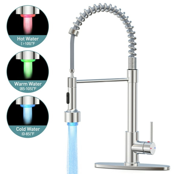 GPED Kitchen Faucet with Pull Down Sprayer & 3-Modes LED Light, SUS304 Stainless Steel, Single Handle Spring Kitchen Sink Faucet with Deck Plate & Water pipes, High Arc Sink Faucet for Rv, Laundry