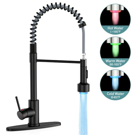 GPED Kitchen Faucet with Pull Down Sprayer, Single Handle Spring Kitchen Sink Faucet w/ 3-Modes LED Light, SUS304 Stainless Steel, High Arc Sink Faucet with Deck Plate & Water pipes for Rv, Laundry