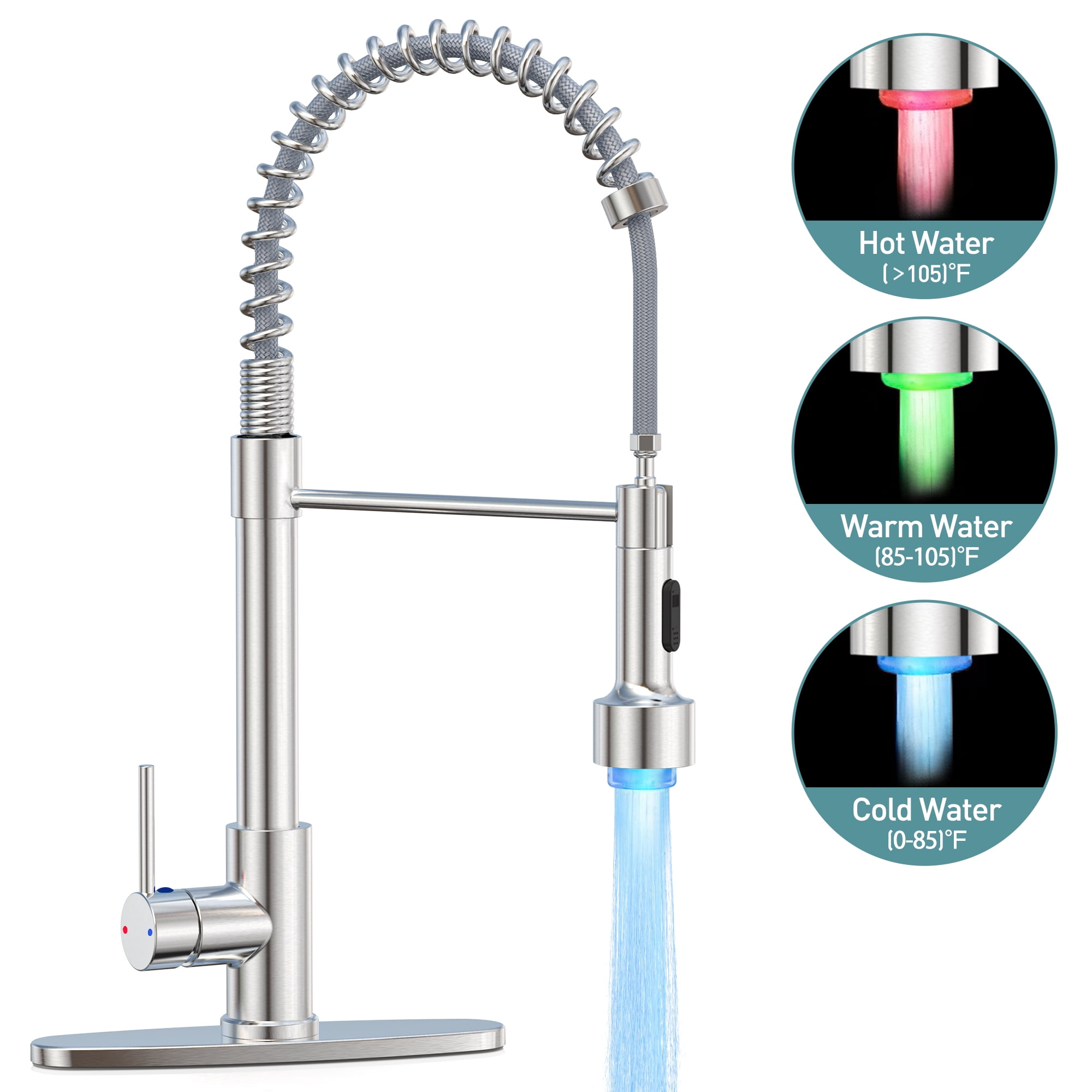 GPED Kitchen Faucet with Pull Down Sprayer, Single Handle Spring Kitchen Sink Faucet w/ 3-Modes LED Light, SUS304 Stainless Steel, High Arc Sink Faucet with Deck Plate & Water pipes for Rv, Laundry