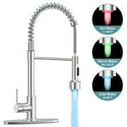 GPED Kitchen Faucet with Pull Down Sprayer, Single Handle Spring Kitchen Sink Faucet w/ 3-Modes LED Light, SUS304 Stainless Steel, High Arc Sink Faucet with Deck Plate & Water pipes for Rv, Laundry