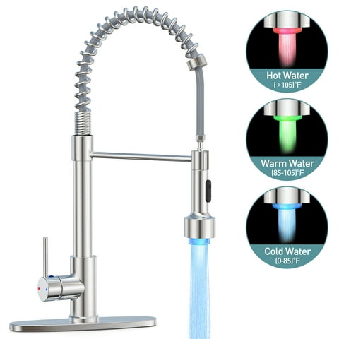 GPED Kitchen Faucet with Pull Down Sprayer, Single Handle Spring Kitchen Sink Faucet w/ 3-Modes LED Light, SUS304 Stainless Steel, High Arc Sink Faucet with Deck Plate & Water pipes for Rv, Laundry