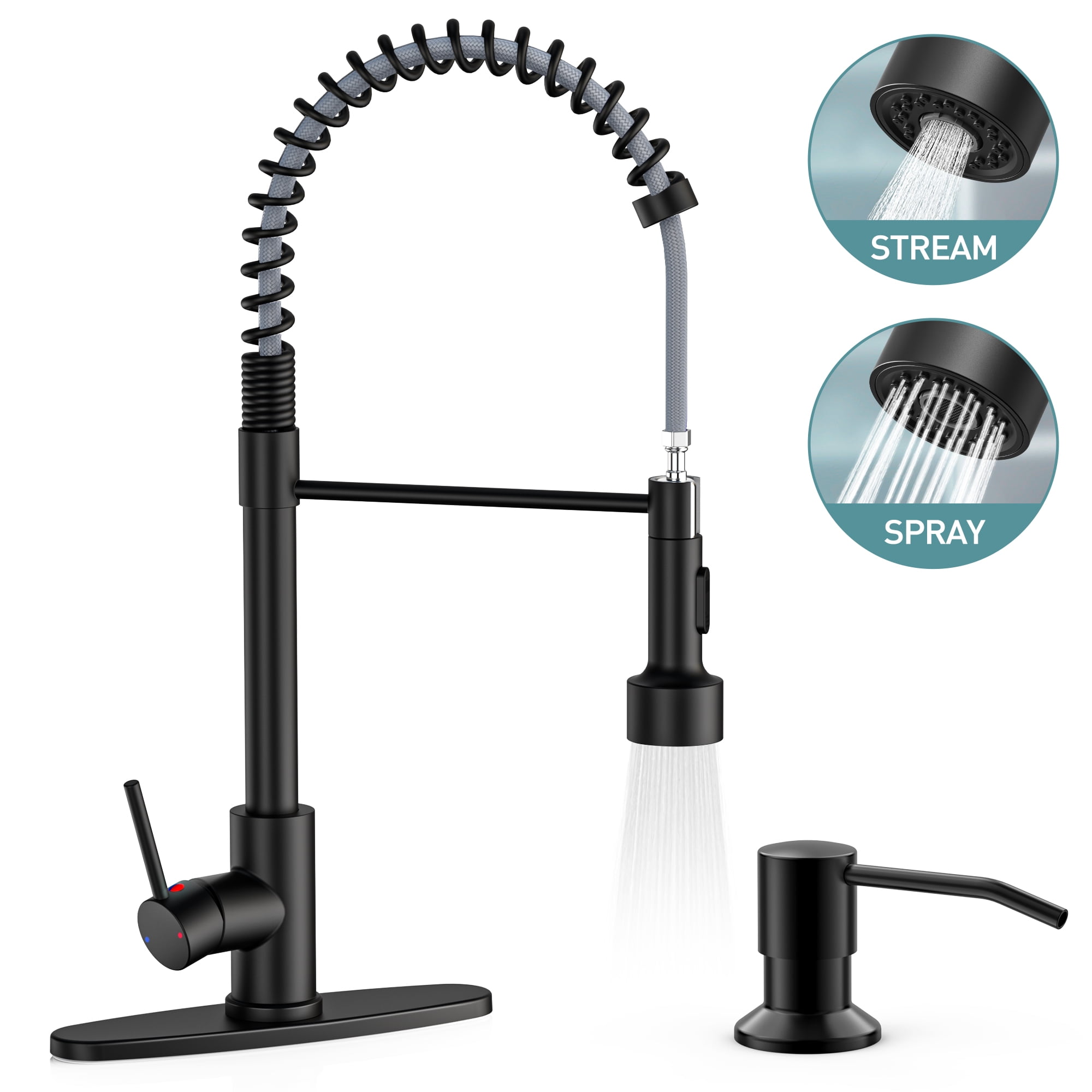 GPED Kitchen Faucet, Kitchen Sink Faucet with Soap Dispenser & Pull Down Sprayer, SUS304 Stainless Steel, Commercial Single Handle Kitchen Faucet with Deck Plate for Laundry Utility Rv,Matte Black