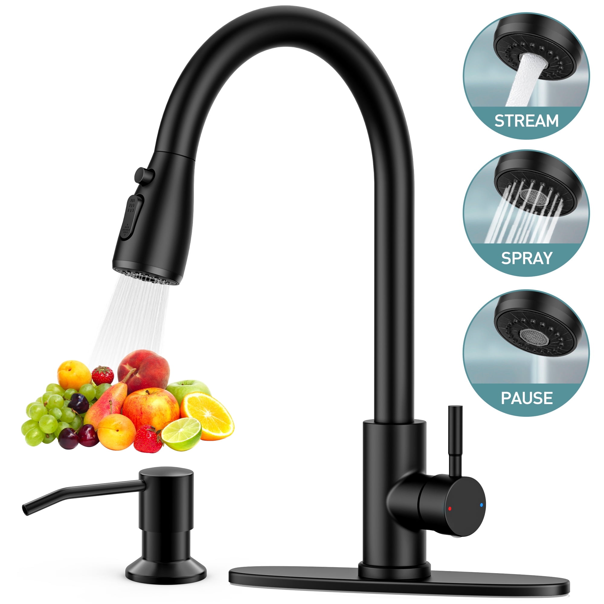 GPED Kitchen Faucet with Soap Dispenser, Kitchen Sink Faucet with Pull Down Sprayer & Deck Plate, 3 Modes & SUS304 Stainless Steel,High Arc Single Handle Kitchen Faucet w/ Water Lines,Matte Black
