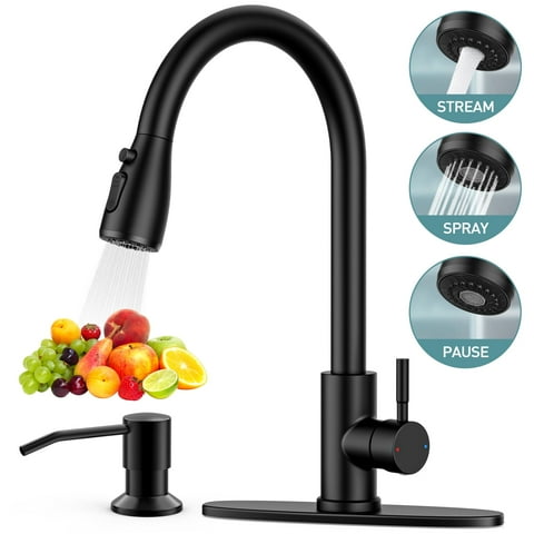 GPED Kitchen Faucet with Soap Dispenser, Kitchen Sink Faucet with Pull Down Sprayer & Deck Plate, 3 Modes & SUS304 Stainless Steel,High Arc Single Handle Kitchen Faucet w/ Water Lines,Matte Black