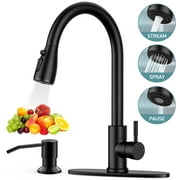 GPED Kitchen Faucet with Soap Dispenser, Kitchen Sink Faucet with Pull Down Sprayer & Deck Plate, 3 Modes & SUS304 Stainless Steel,High Arc Single Handle Kitchen Faucet w/ Water Lines,Matte Black